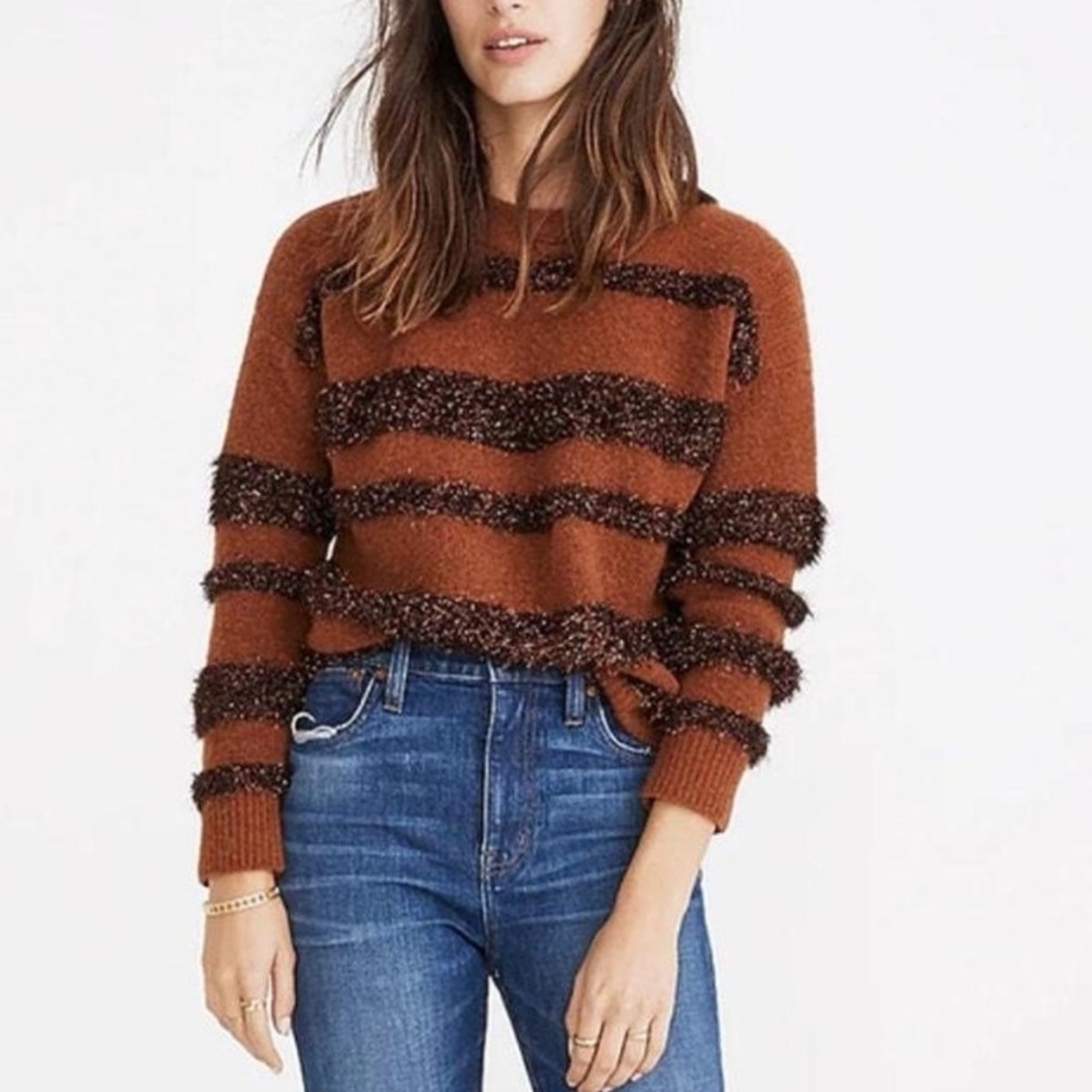 Madewell Tinsel Sparkle Stripe Knit Stretch Crew Neck Pullover Sweater Brown M